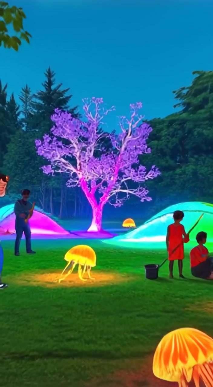 Children chase each other joyfully in the park as adults gently plant trees under a clear blue sky.