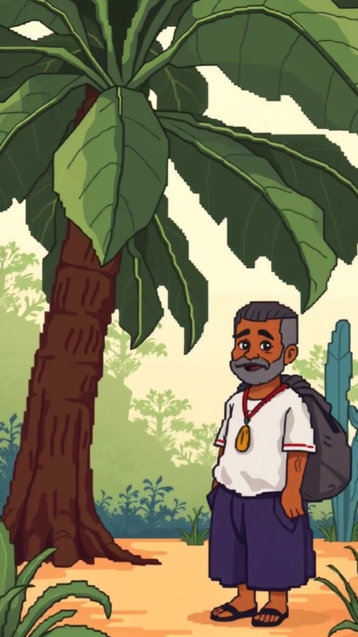 Subject (Elderly man with a kind face, Traditional clothing, Leaning on a cane) + Subject movement (Still) + Scene (Peaceful village with a large papaya tree) + Camera Language (Slow zoom in) + Lighting (Soft golden hour light) + Atmosphere (Serene)