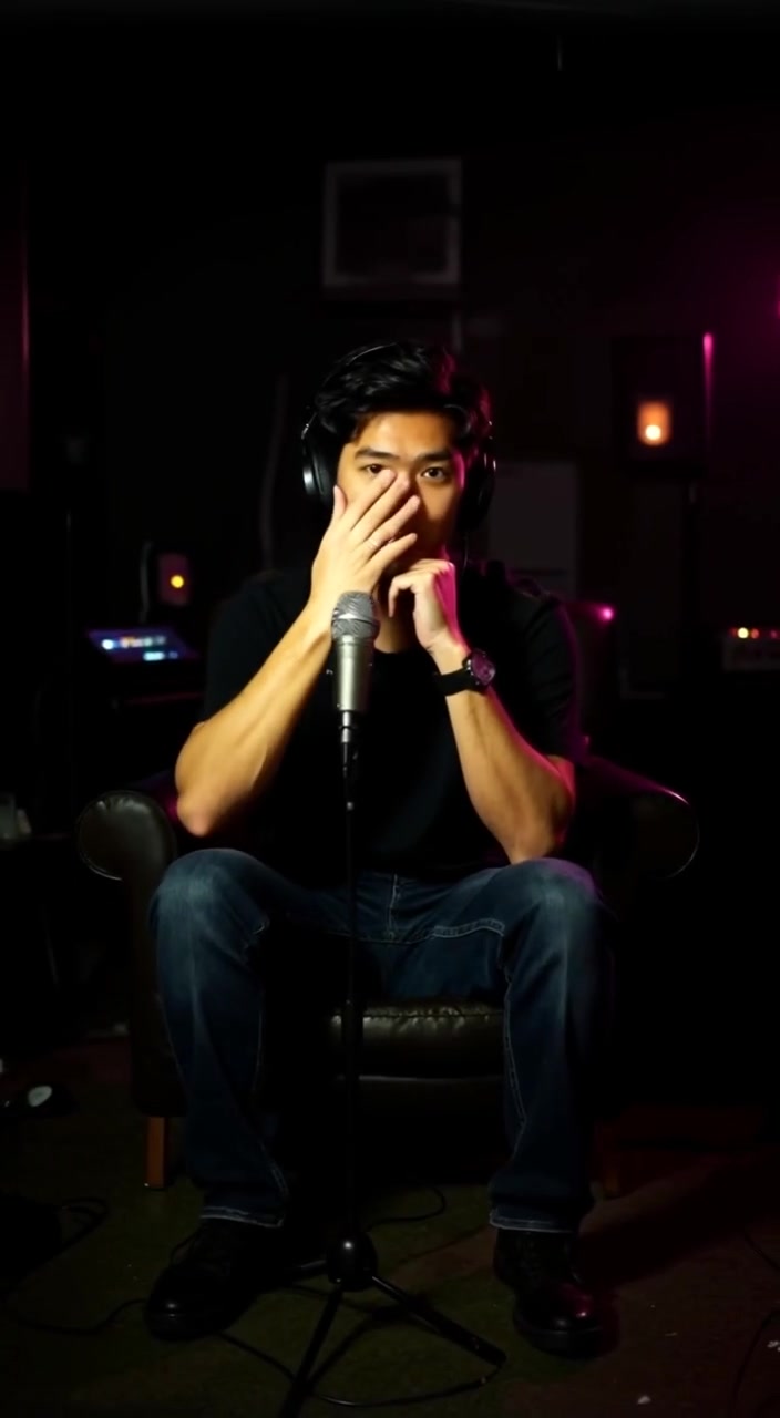 The man adjusts the microphone gently, focused on the recording equipment in the dimly lit apartment.