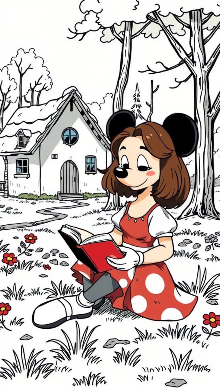 A peaceful forest clearing with a cottage in the background, Meera reading a book on the grass.