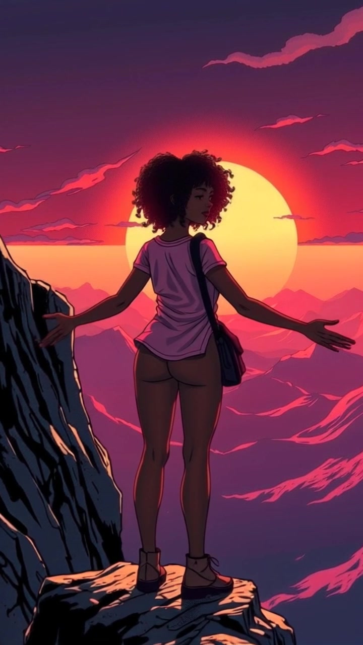 Subject: A girl standing on a mountain cliff. Subject movement: She opens her arms wide in a gesture of freedom as she faces the radiant sunset. Scene: A breathtaking mountaintop overlooking a vibrant sunset sky, with rolling hills in the background. Style: Warm sunlight bathing the scene in golden hues, emphasizing the striking contrast between the girl and the fiery sky. Motion: The camera slowly pushes in towards her, capturing the expansive view behind her, while gently swaying to evoke a sense of calm and serenity.