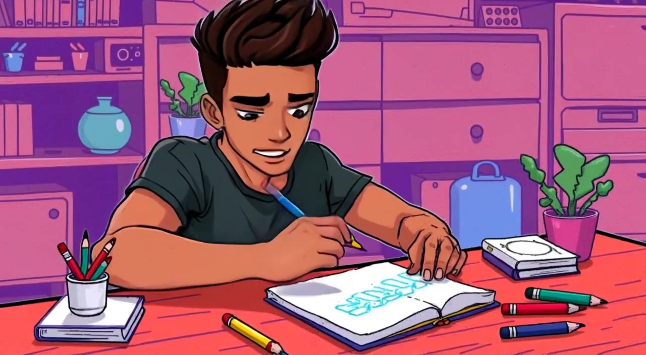 The boy gently flips through his sketchbook, contemplating his colorful drawings on a bright, sunny afternoon.