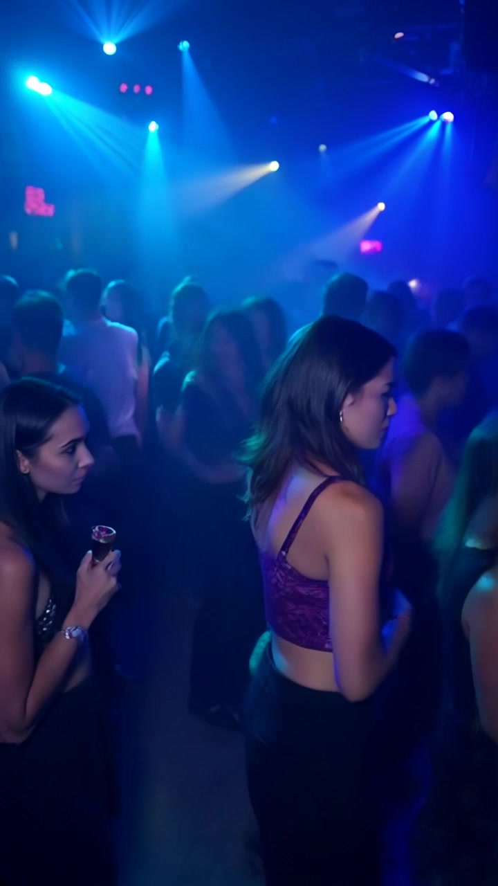Scene: A vibrant, crowded dance floor in a club, pulsating with energy as people lose themselves to the music. Lighting: Flashing multicolored lights dance over the attendees, illuminating their enthusiastic movements and creating a dynamic visual rhythm. Motion: The camera performs a dramatic panning shot across the crowd, capturing the intensity and excitement of the atmosphere, as individuals sway and move in sync with the beat.
