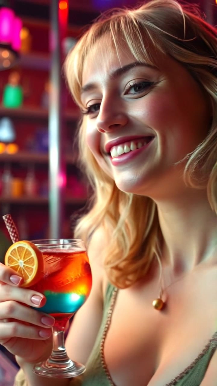 Subject: A dancing woman holding a colorful cocktail. Subject Movement: She sways rhythmically to the pulsating music, taking a sip of her drink. Scene: Inside a vibrant club filled with colorful lights and energetic ambiance. Style: Neon lighting creating a lively atmosphere, highlighting the vivid colors of the cocktail and reflections on the woman's face. Motion: Camera performs a close-up, dynamically circling around her, capturing her joyful expression and the lively atmosphere of the club.