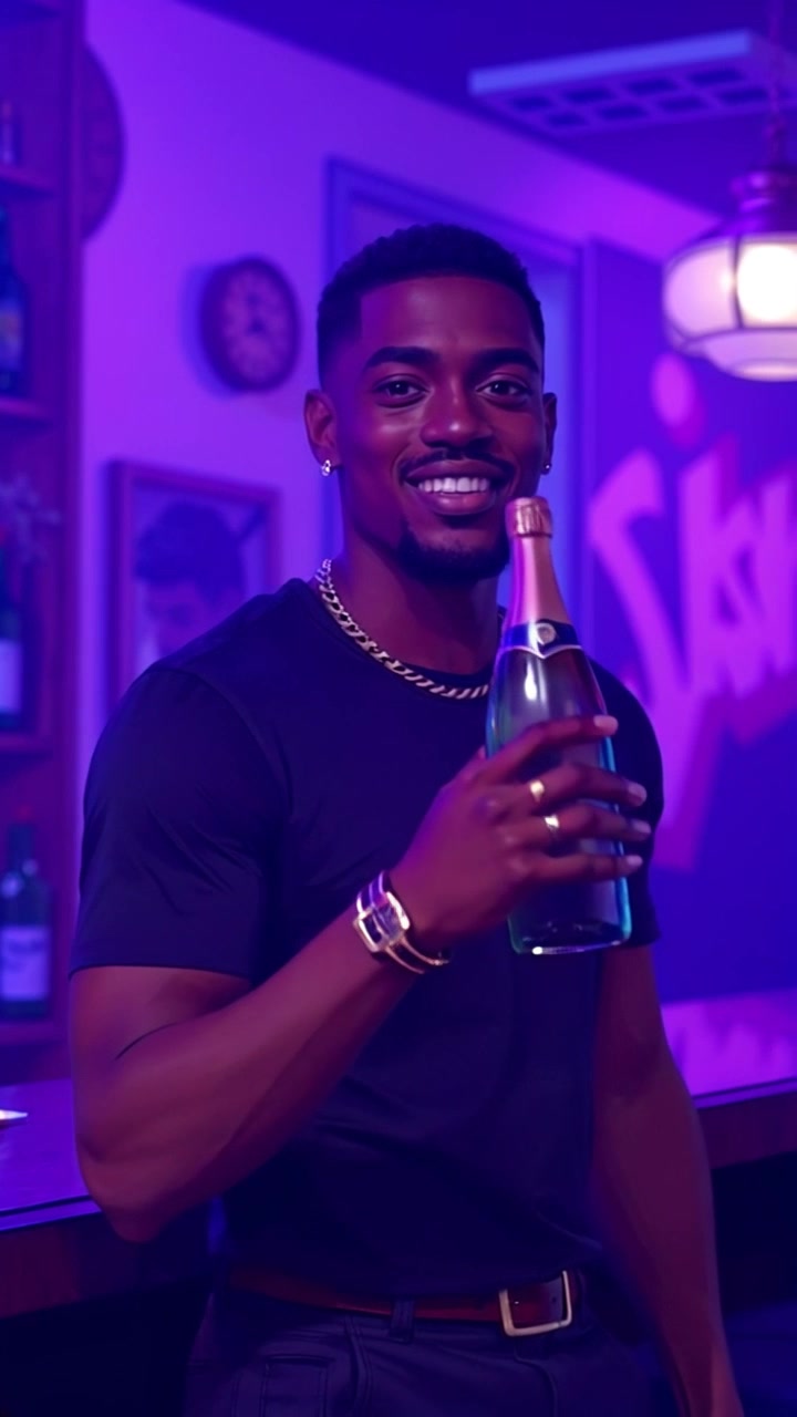 Subject: A young man standing at a bar in a vibrant nightclub, confidently smiling while holding a bottle of champagne. Subject movement: He takes a step forward, raising the champagne bottle slightly in a celebratory gesture. Scene: Lively nightclub filled with colorful lights and buzz of chatter, showcasing a modern bar setup. Style: Ambient club lighting with dynamic hues of blue and purple. Motion: Handheld camera tracking shot circling around him as he interacts with the surrounding energy, creating an inviting atmosphere.