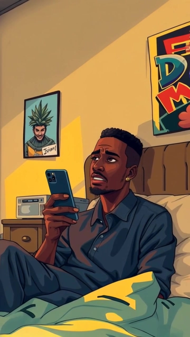 Subject: A young man looking distressed. Subject movement: He shifts anxiously on his bed while holding a phone tightly, reflecting a sense of urgency. Scene: A cozy apartment bedroom with soft furnishings, personal items scattered around. Style: Morning light filters through a window, casting gentle shadows on the walls. Motion: The camera performs a close-up push in on the man's face, capturing his emotional turmoil, then pulls back to reveal the surroundings, emphasizing his isolation in the room.