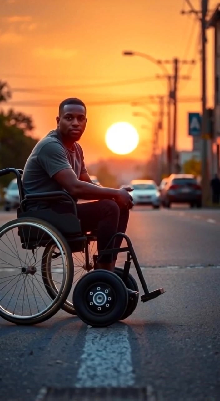 The man gently pushes his wheelchair forward as the sun rises, creating a warm glow on the asphalt.