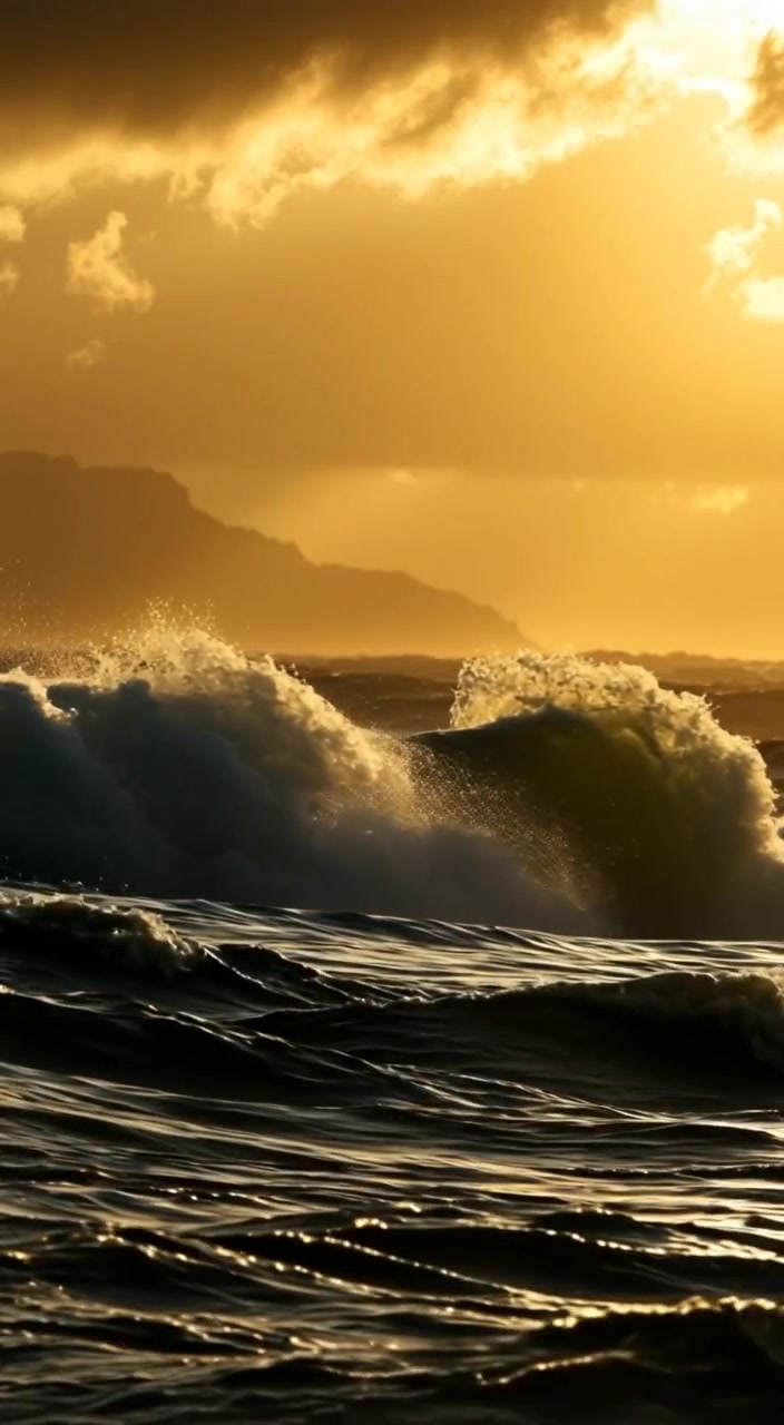 Waves crash powerfully against the rocky shore as dark clouds loom overhead in a stormy sea.