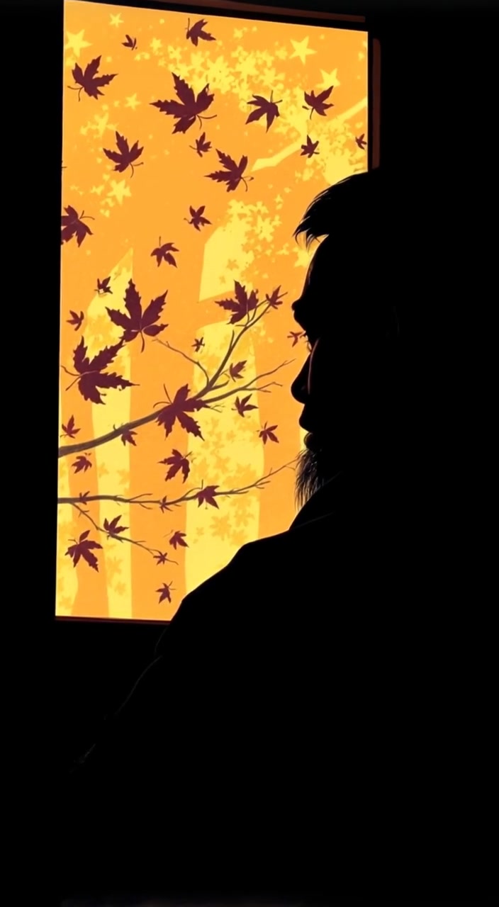The man gazes thoughtfully out the window as leaves gently fall from the trees, symbolizing the passage of time.