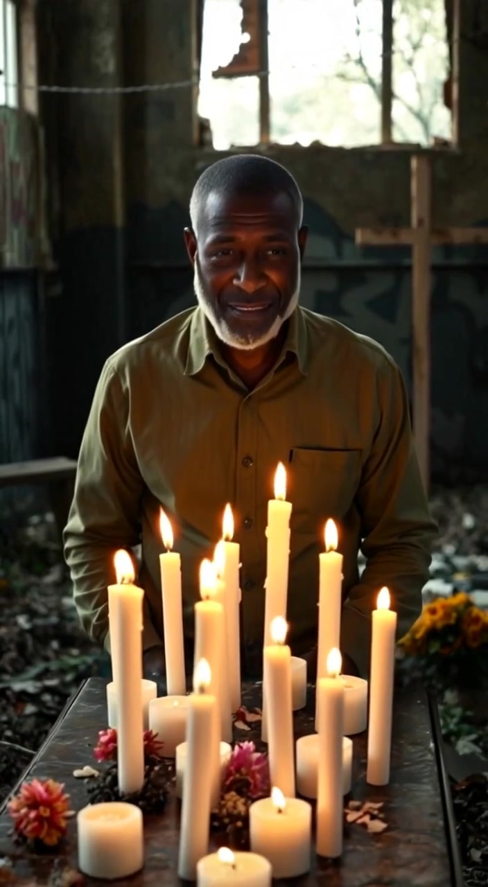 The Kwame gently kneels beside the grave, a soft glow from flickering candles illuminating the serene atmosphere.
