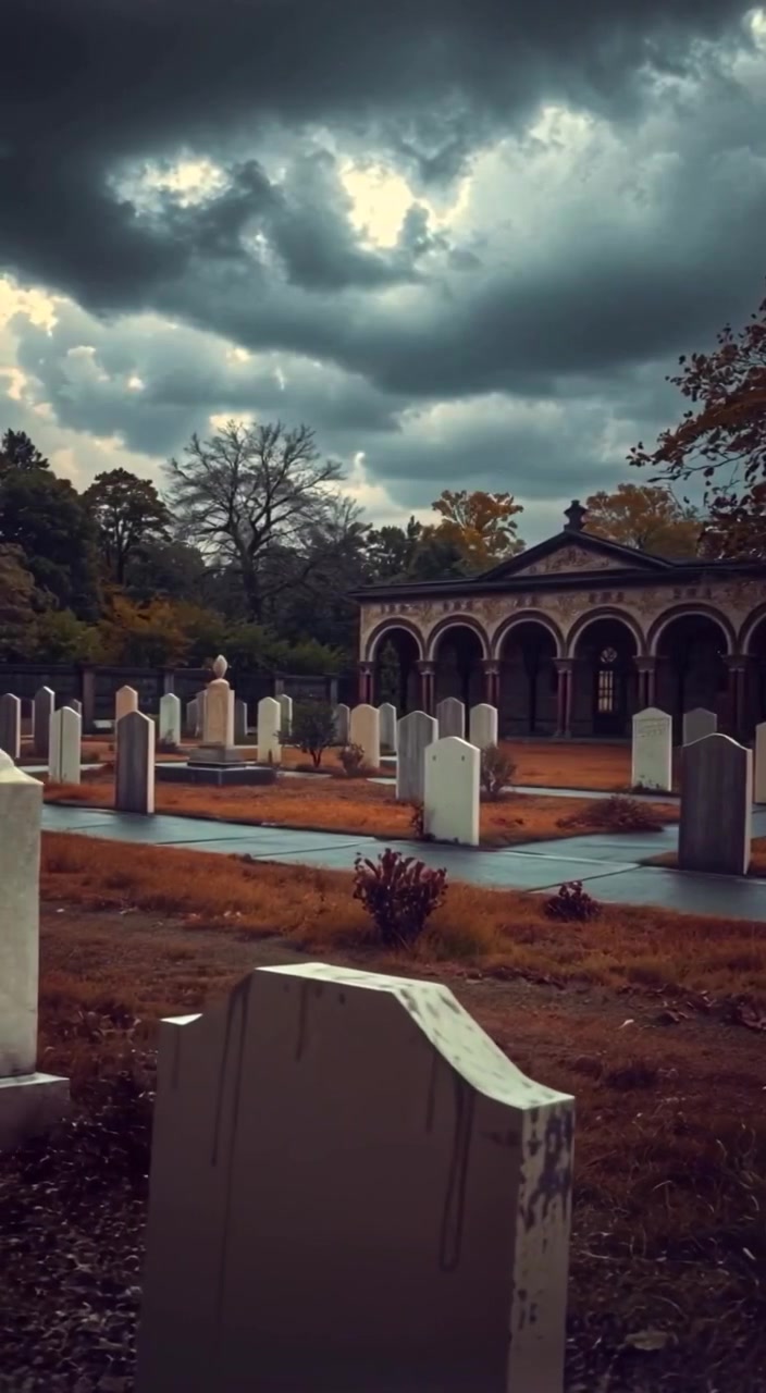 Raindrops gently fall on gravestones while dark clouds loom heavily above in a gloomy cemetery.