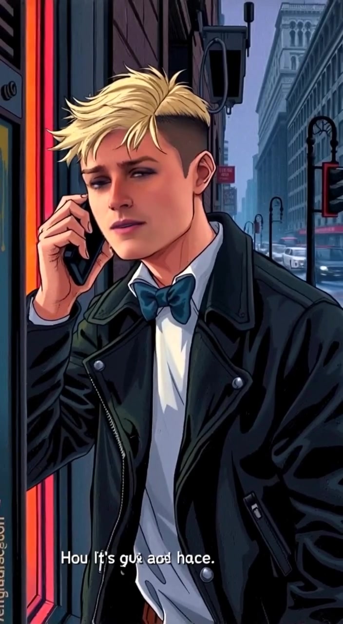 The man gazes out the window, rain trickling down as he holds the phone to his ear.