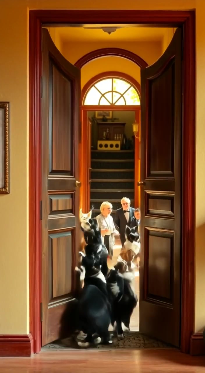 The wooden door slowly swings open, revealing sunlight streaming down the bright hallway.