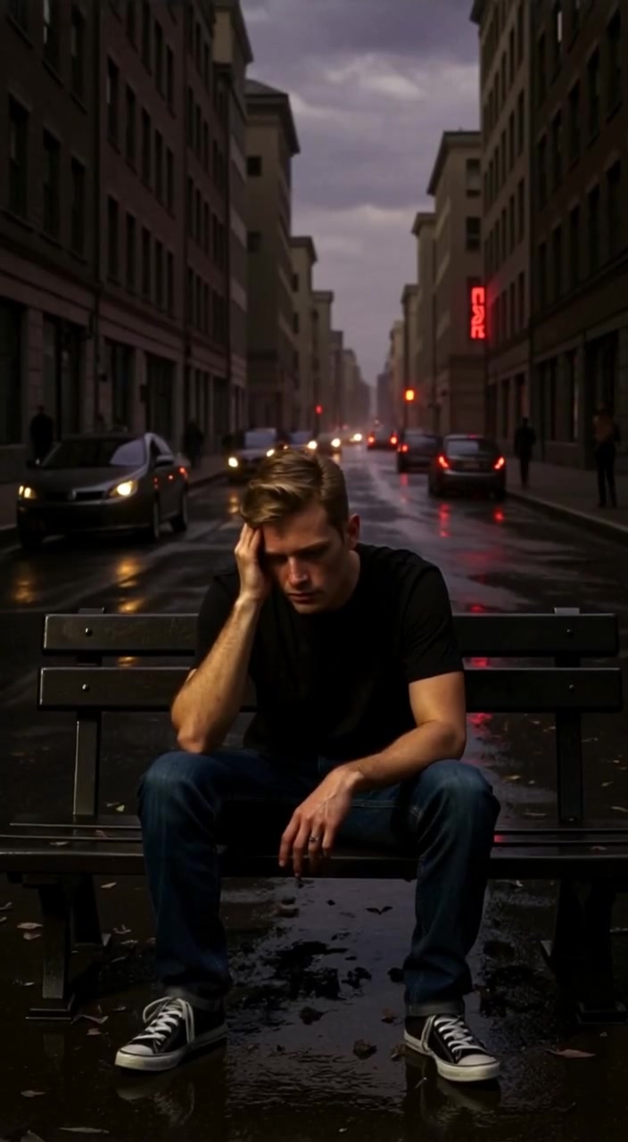 Leaves gently rustle in the breeze as the man sits quietly on the park bench, lost in thought.