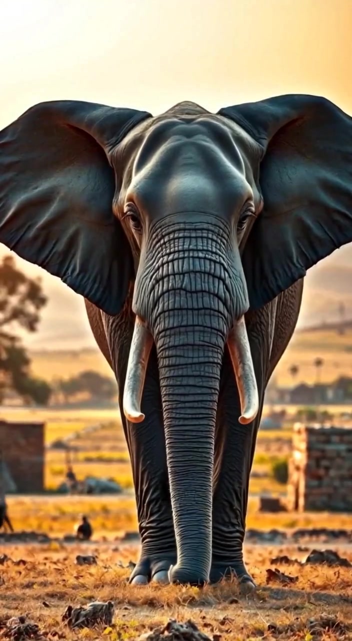 Badal, a large African elephant, standing in a field with rolling hills in the background, showing his prominent tusks.