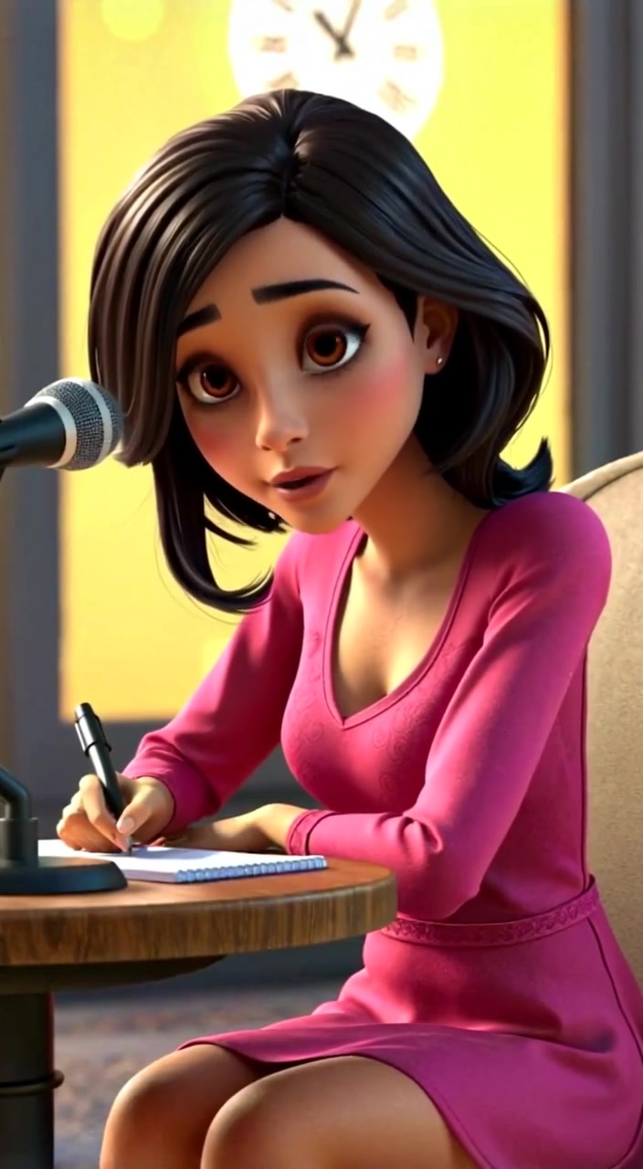 The woman leans closer to the notepad, thoughtfully tapping a pen on the table.