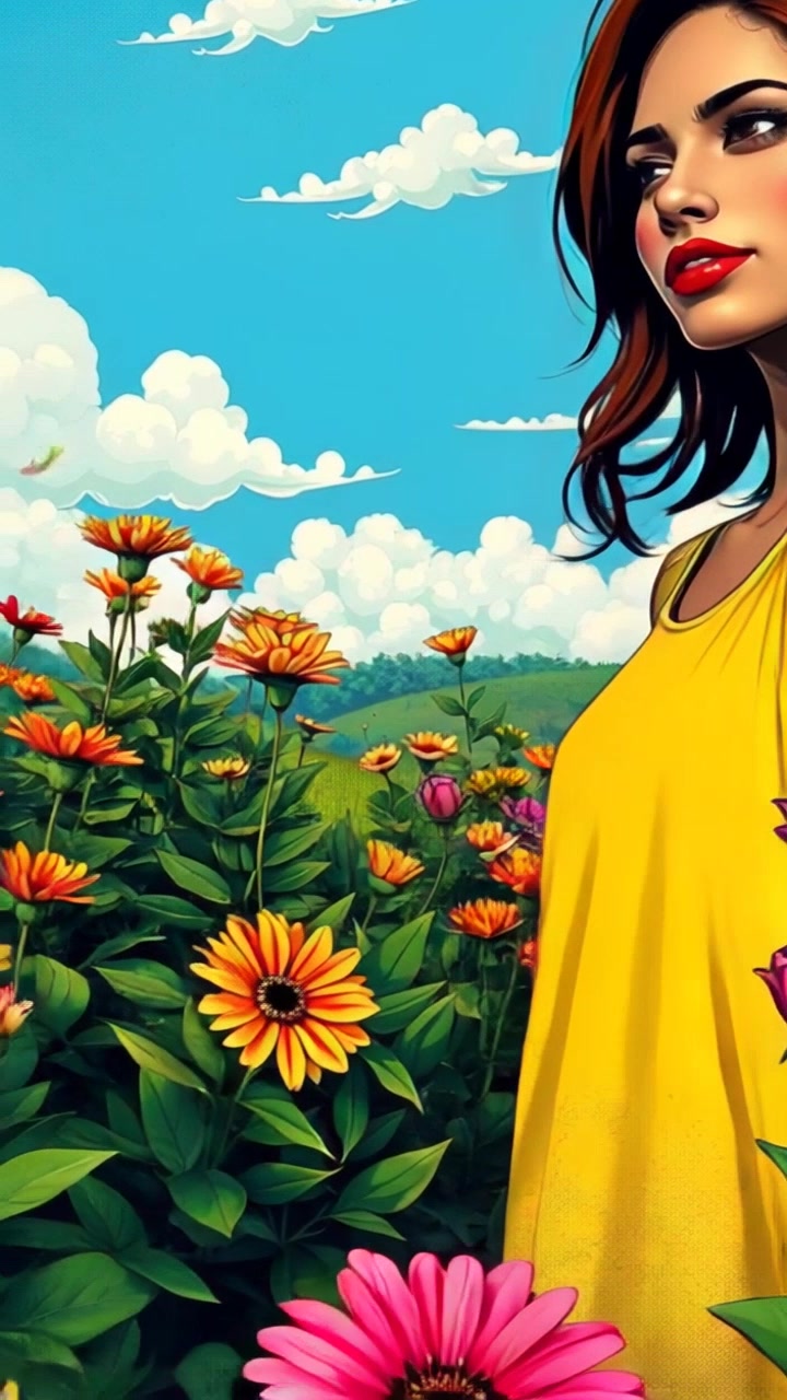 Scene: A vibrant garden bursting with colorful, blooming flowers under a clear blue sky. Style: Bright, natural daylight enveloping the scene, accentuating the vivid hues of the petals and lush greenery. Motion: The camera glides smoothly through the garden, weaving between the flowers as they gently sway in a light breeze, capturing the serene beauty of the landscape.