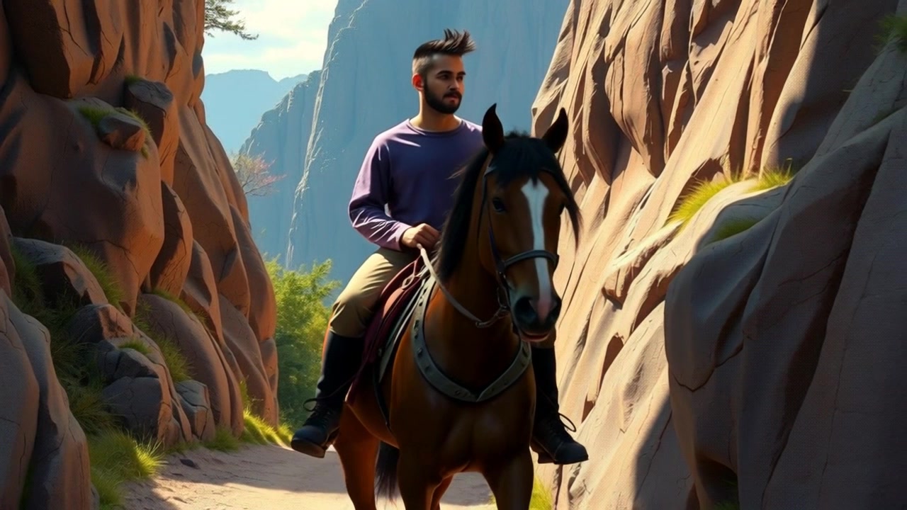 Subject: A rider on a beautiful brown horse. Subject movement: The horse trots confidently along a narrow mountain path, navigating the steep cliffs on either side. Scene: A breathtaking mountain landscape with sheer rock faces, vibrant greenery, and a clear blue sky. Lighting: Bright, natural daylight enhancing the colors of the scenery. Motion: The camera follows closely behind, panning slightly to capture the stunning cliffs and expansive views, creating an immersive experience of the journey.
