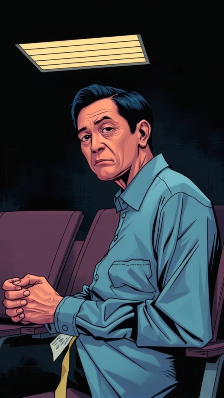 A waiting room with a concerned male patient in a light blue shirt, sitting alone.