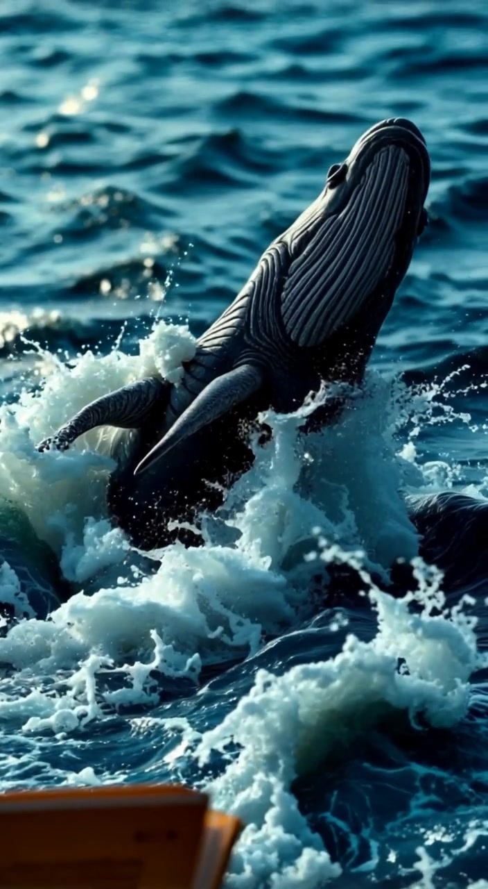 A dramatic ocean scene with a giant whale, creating a huge splash as it breaches the surface of the water.