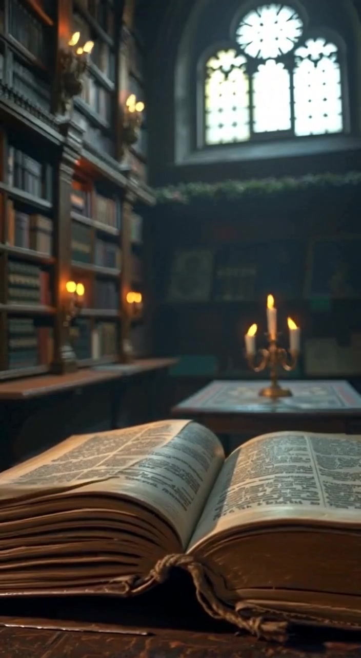 A close-up of an ancient book, its pages yellowed, lying open on a wooden table.
