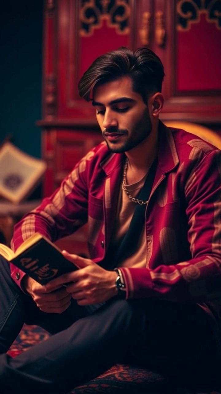 Subject: A thoughtful individual holding a book while seated on a colorful rug. Subject movement: The individual shifts slightly, adjusting their posture as they immerse deeper into the pages of the book. Scene: A cozy room filled with eclectic decor, vibrant textiles, and warm atmospheric lighting. Motion: Camera slowly pushes in for a close-up, capturing the expression of contemplation, while soft, ambient light enhances the inviting tone of the surroundings.