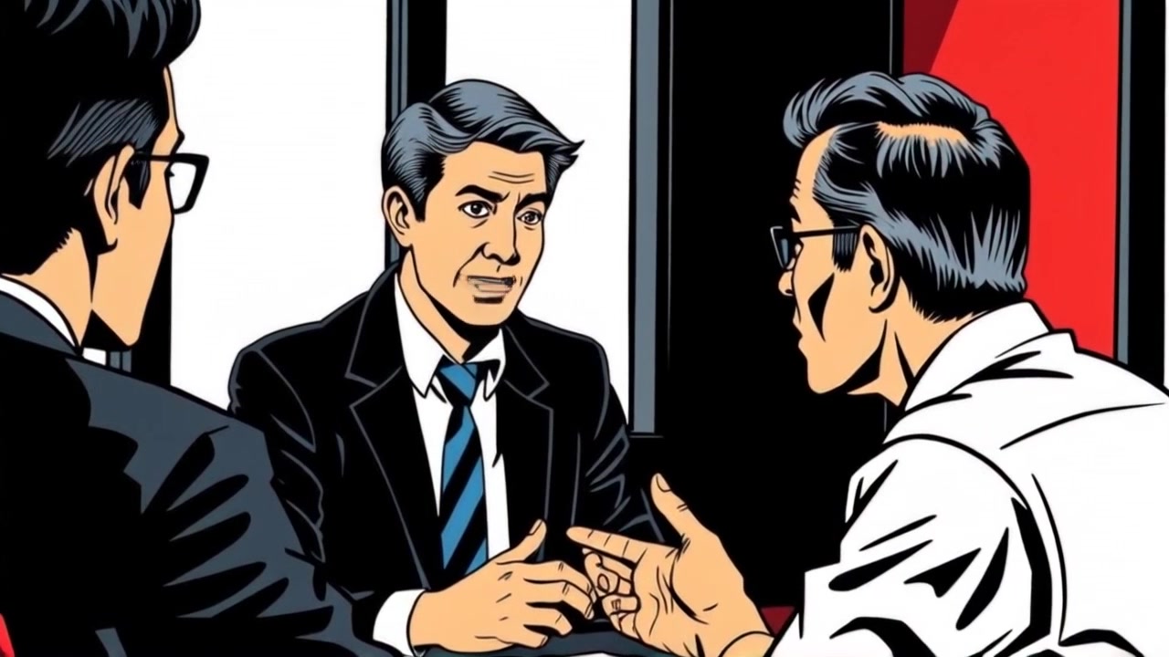 Scene: Two colleagues engaged in a heated disagreement during a meeting, the atmosphere thick with tension. Style: Bright overhead lighting casting sharp contrasts, emphasizing the intense expressions on their faces. Motion: The camera pushes in slowly on their faces, capturing the nuance of their emotions and the shifting dynamics of the conversation.