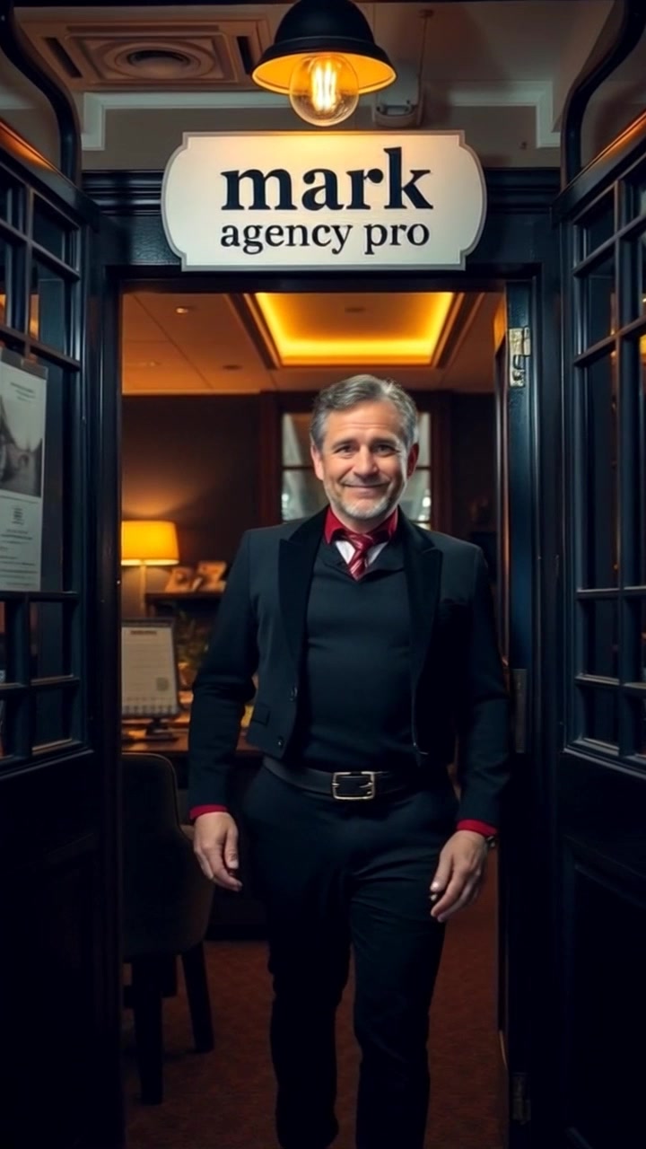Scene: An office environment featuring a sign that reads 'Timothy Agency Pro' on a warmly decorated door, inviting visitors inside. Style: Warm lighting creates a cozy and welcoming atmosphere with soft shadows. Motion: Camera slowly pushes in towards the door, revealing the inviting interior and crafting an atmosphere of professionalism and comfort.