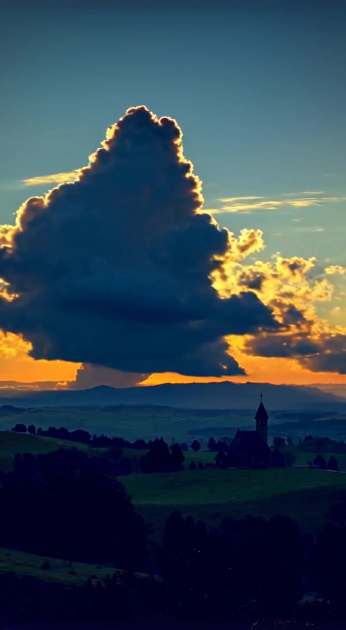 Soft clouds gently drift across the sky as the sun rises behind the tranquil landscape at dawn.