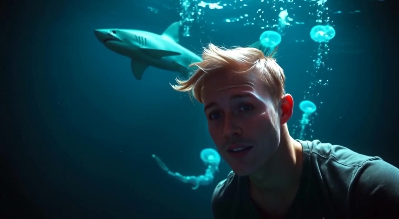A swimmer cautiously glances at a large shark gliding gracefully through the dark blue waters.