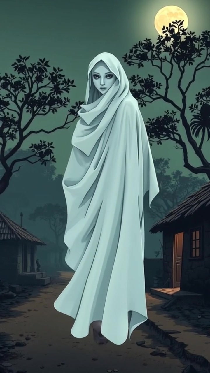 Sagar, the ghost, floating in the village with flowing white drapery, softly illuminated by the moonlight.