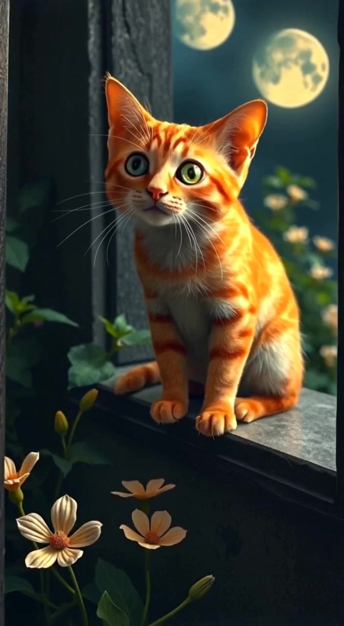 Whiskers, the curious cat, with bright green eyes, gazes into the garden at night.