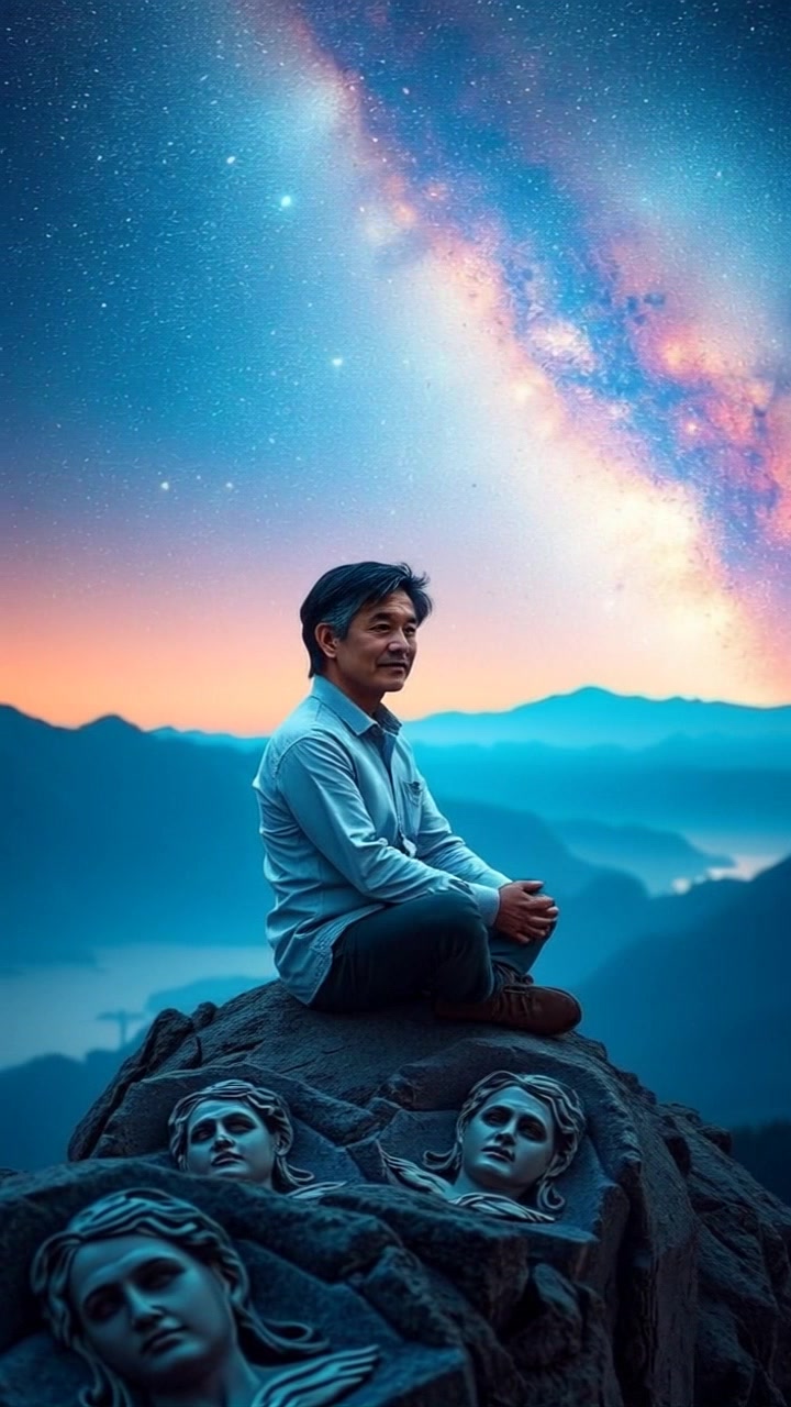 Subject: An enlightened master sitting cross-legged on a mountain peak. Subject movement: The master remains still, radiating tranquility amidst the vast cosmic backdrop. Scene: Serene mountain peak under a stunning starry cosmos, with twinkling stars shimmering in the vastness of space. Style: Ethereal lighting that highlights the figure and creates a sense of calm and reflection. Motion: Camera performs a slow, sweeping aerial shot that reveals the majestic mountain landscape and the endless cosmos surrounding it.