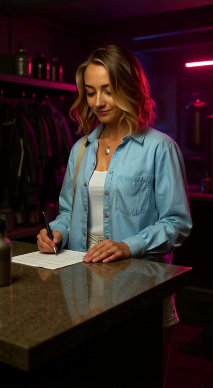 The woman gently writes on a form at the diving school counter, surrounded by colorful diving gear in the background.