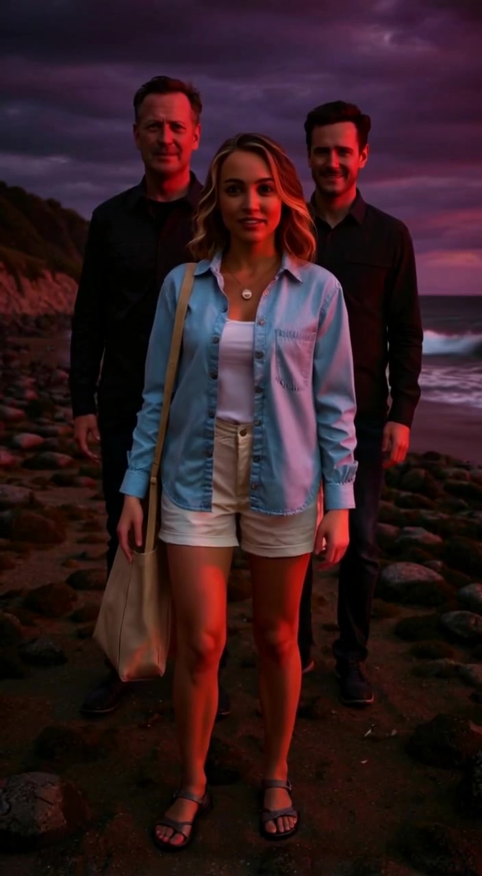 Waves gently crash on the beach as the woman gazes towards the horizon, with parents standing in the background.