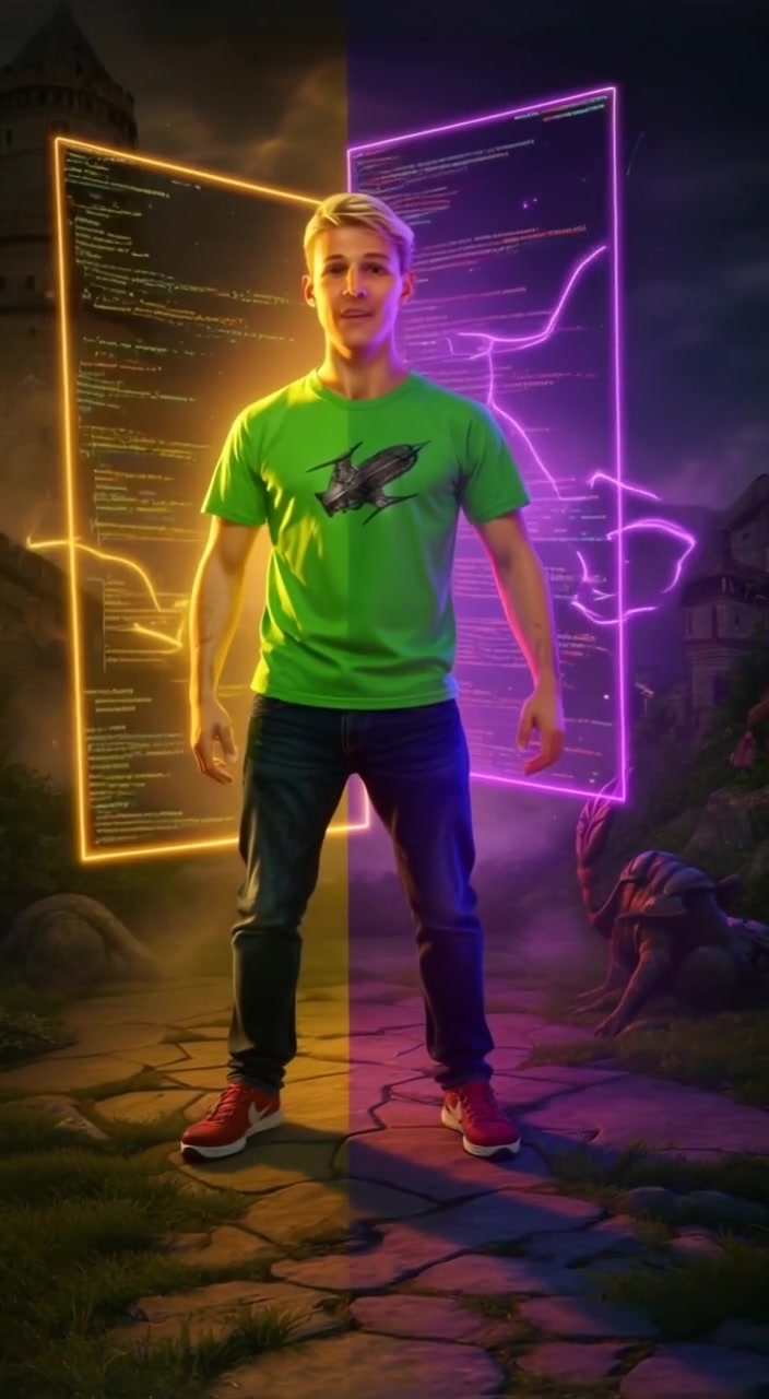 The figure gestures towards the glowing code on the screen, pixels shimmering on the edges of their form.