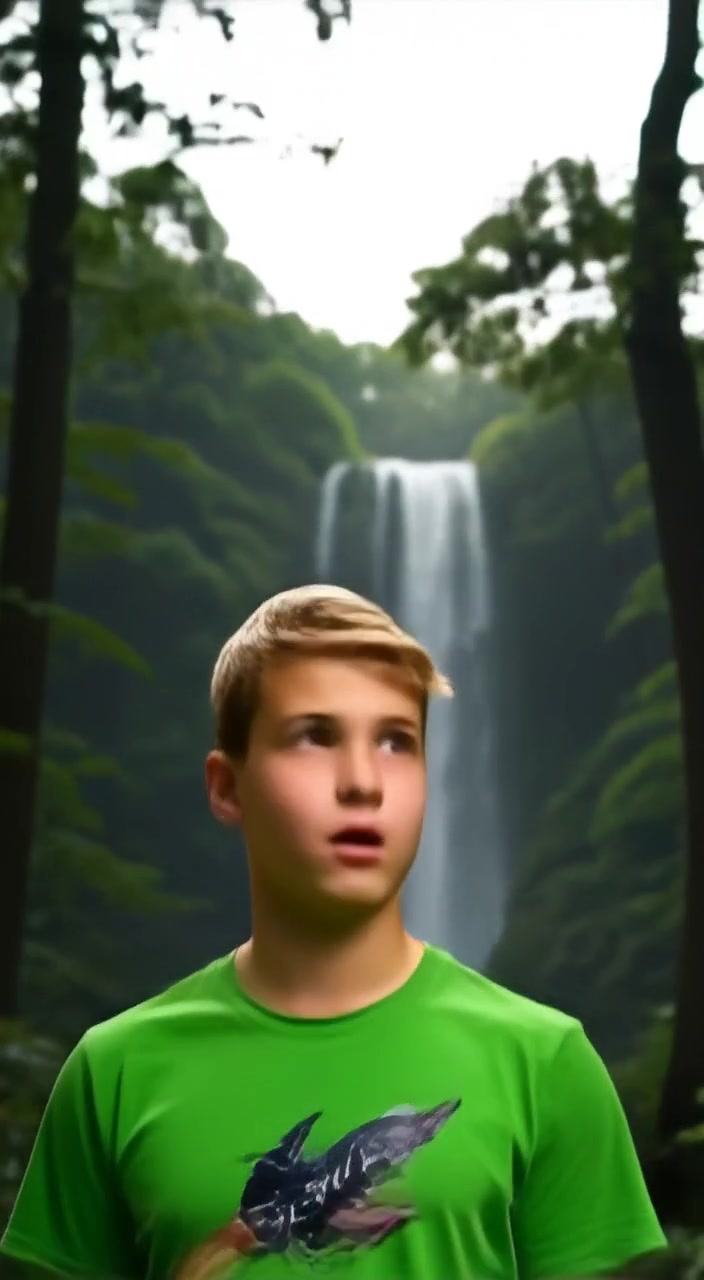 The boy gazes up in awe as water cascades down the towering waterfall.