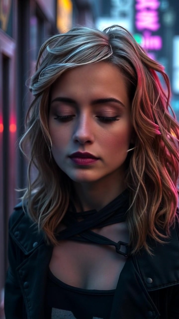 Subject: Elara taking a deep breath, her expression contemplative and serene. Subject movement: She inhales deeply, momentarily pausing to reflect on the weight of time. Scene: A softly blurred background that evokes a sense of nostalgia and the passage of time. Style: Ambient lighting that enhances the emotional depth, creating a warm, inviting atmosphere. Motion: The camera gently pushes in to focus on Elara's face as she exhales, the background blurring even more to emphasize her presence.