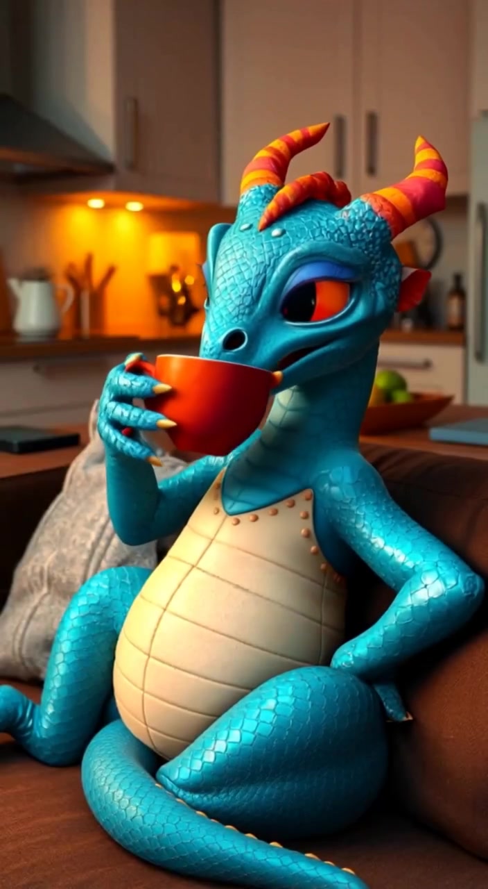 Anna the dragon holding a cup of herbal tea in both paws, with a serene expression while sitting on a sofa.