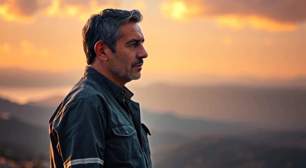 The man gazes thoughtfully at the horizon, as a gentle breeze rustles the grass around him.