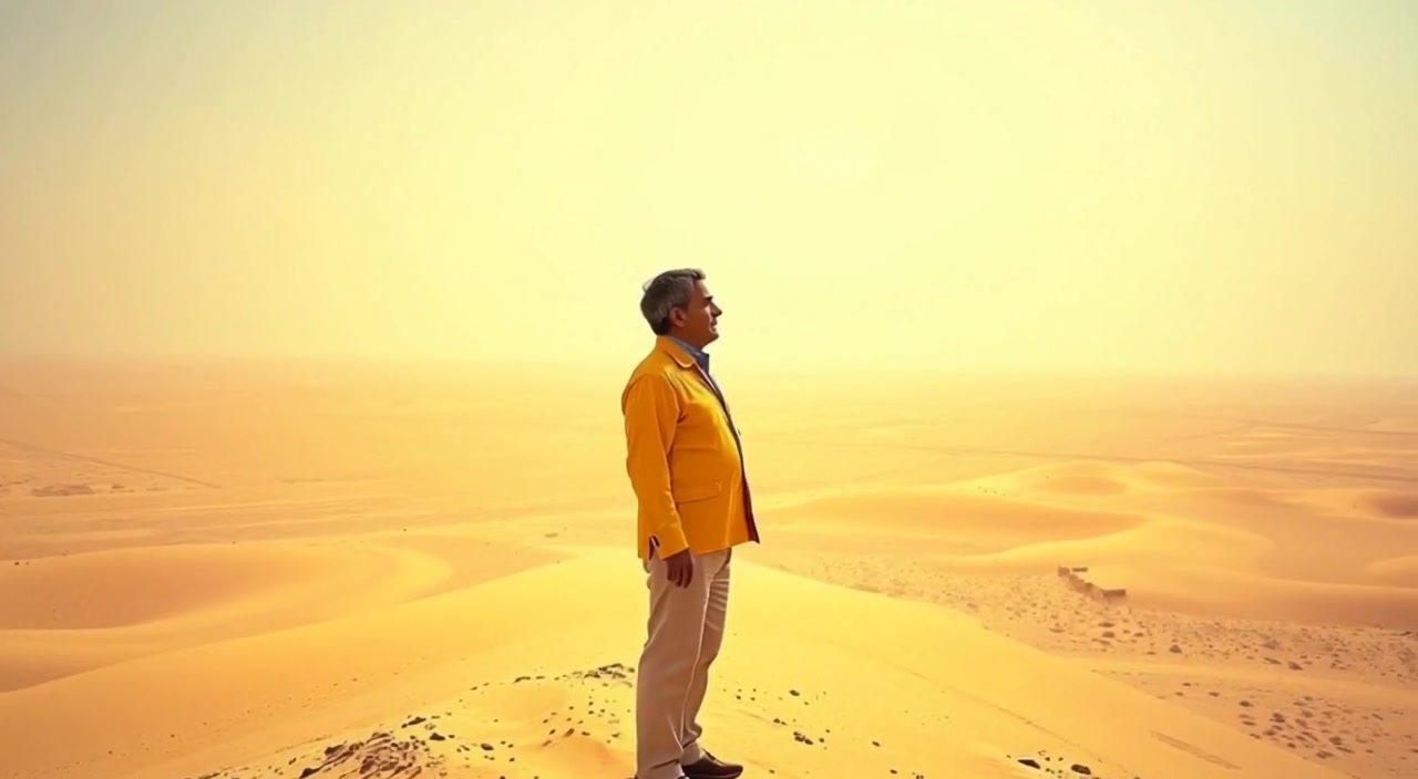 The man stands quietly on a hilltop, gazing into the vast sandy landscape of Uz.