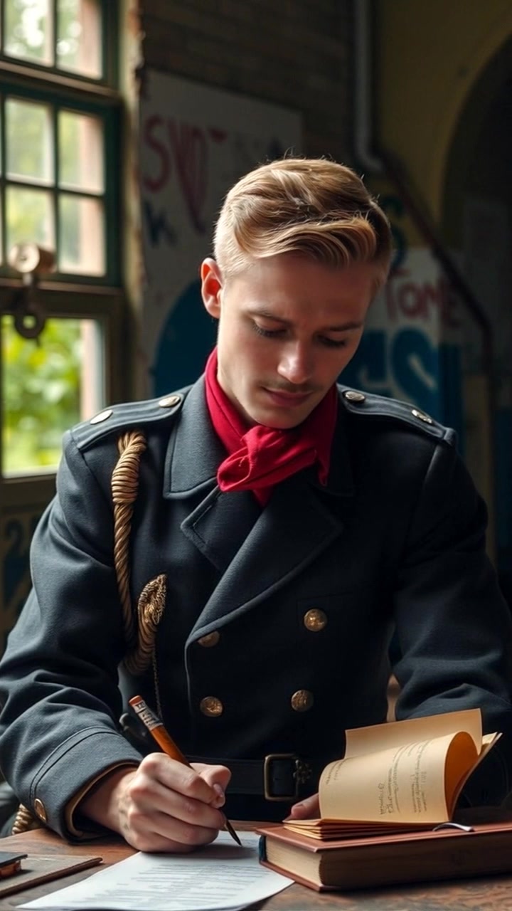 Subject: A British officer, looking resolute, writing a message with a quill pen. Subject movement: The officer writes purposefully, glancing up occasionally as if contemplating the significance of his message. Scene: An elegant wooden desk in a vintage study adorned with maps and documents, warm light filtering through a nearby window. Motion: The camera starts with a close-up of the quill moving across the parchment, then slowly pulls back to reveal the officer deep in thought. Lighting: Soft, ambient lighting enhances the intimate atmosphere, creating a thoughtful and focused mood.