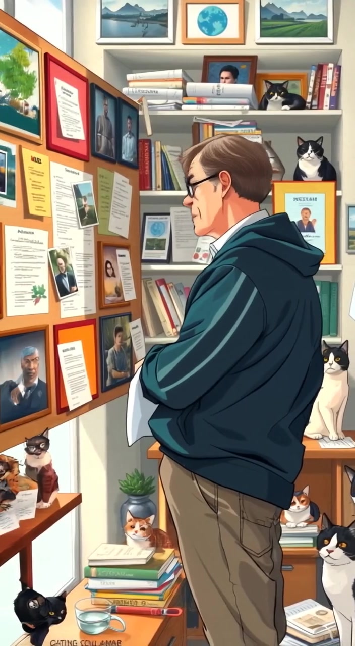 The man ponders deeply, glancing between notes and photos pinned on the board in the office.