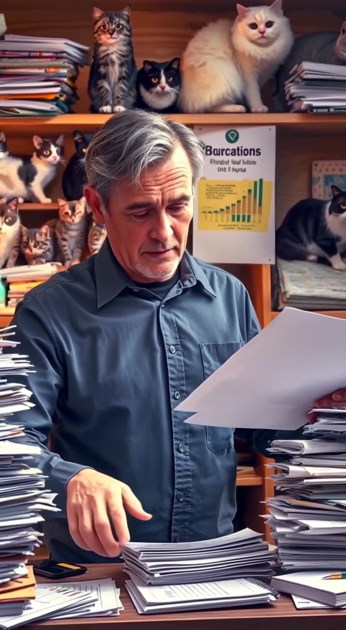 The man gently shuffles through the paperwork, furrowing his brow in deep thought.