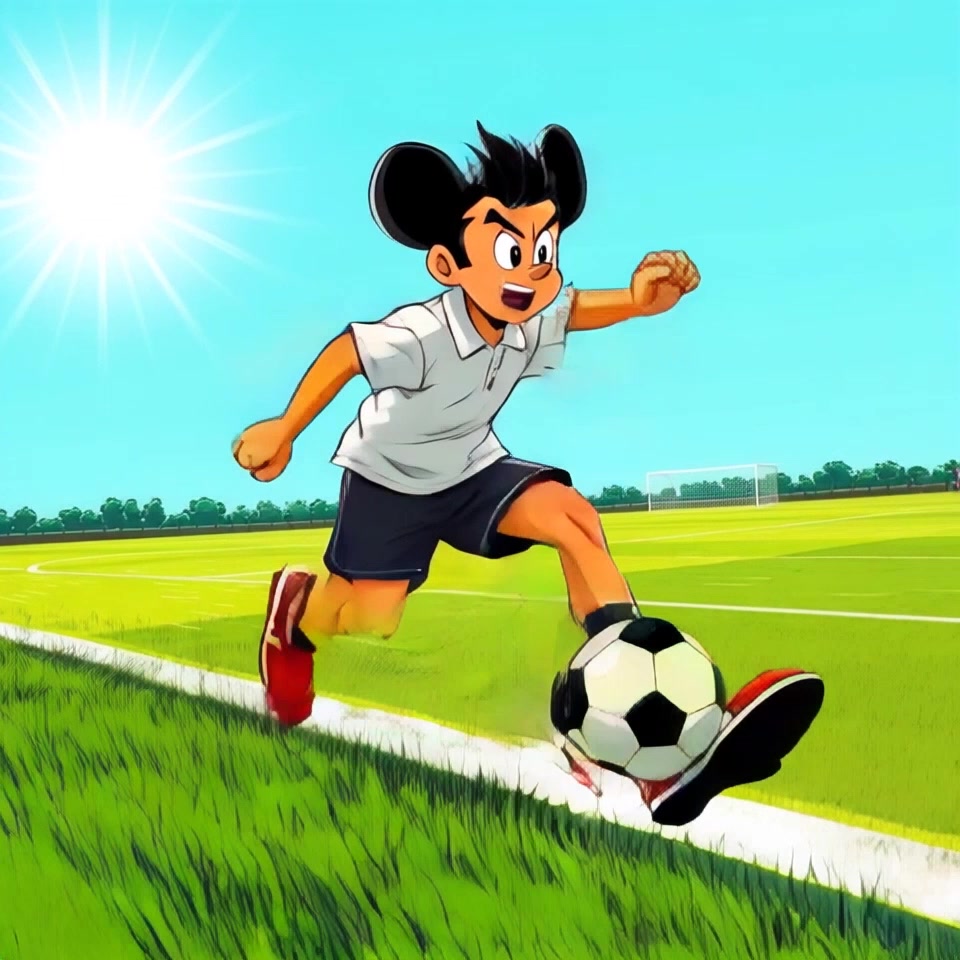 A close-up of Mickey's determined expression as he runs towards the goal with focus.