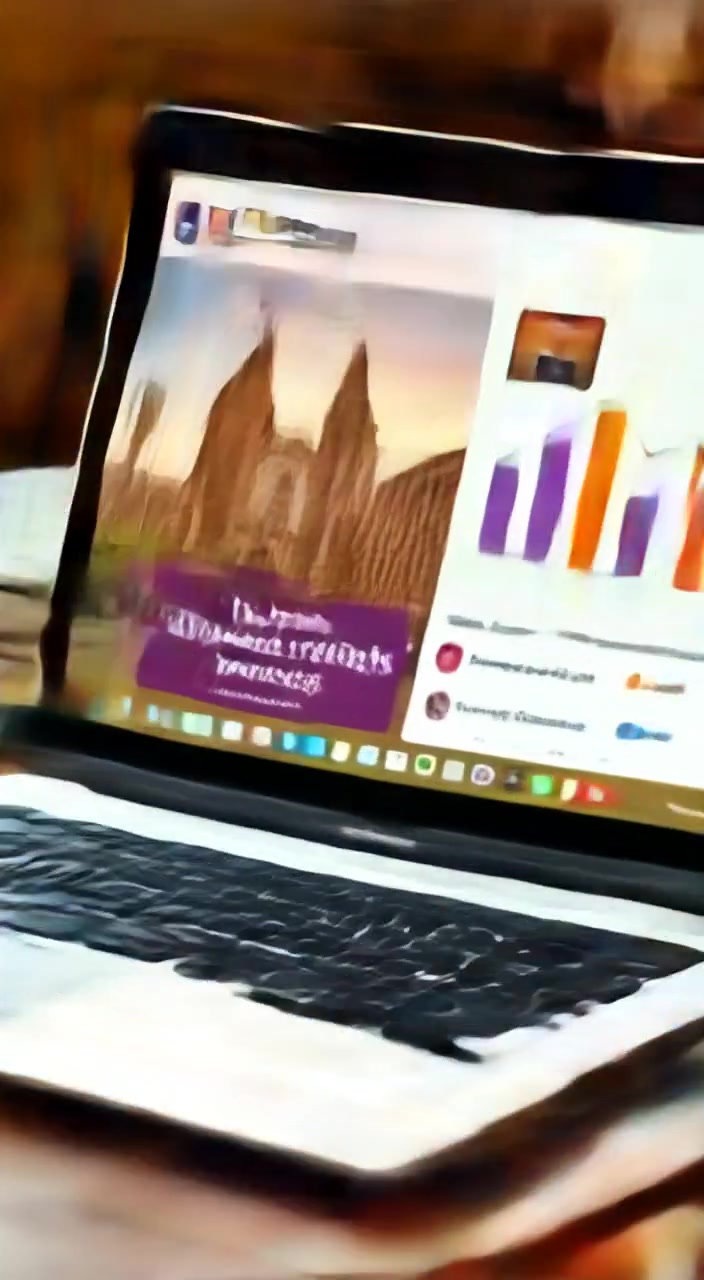 The camera gently zooms in on the laptop screen, highlighting the graphs and scrolling through the Instagram page.