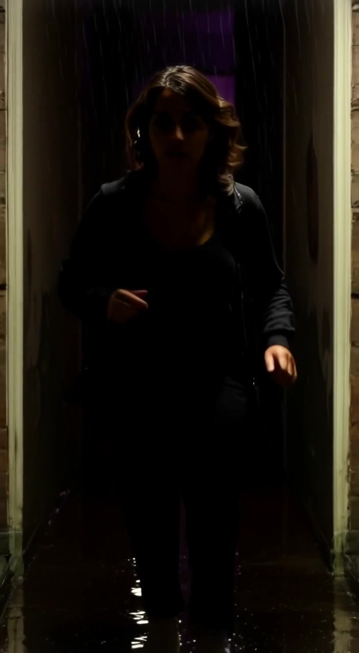 The woman rushes toward the dimly lit door, urgency in her stride as shadows dance around her.