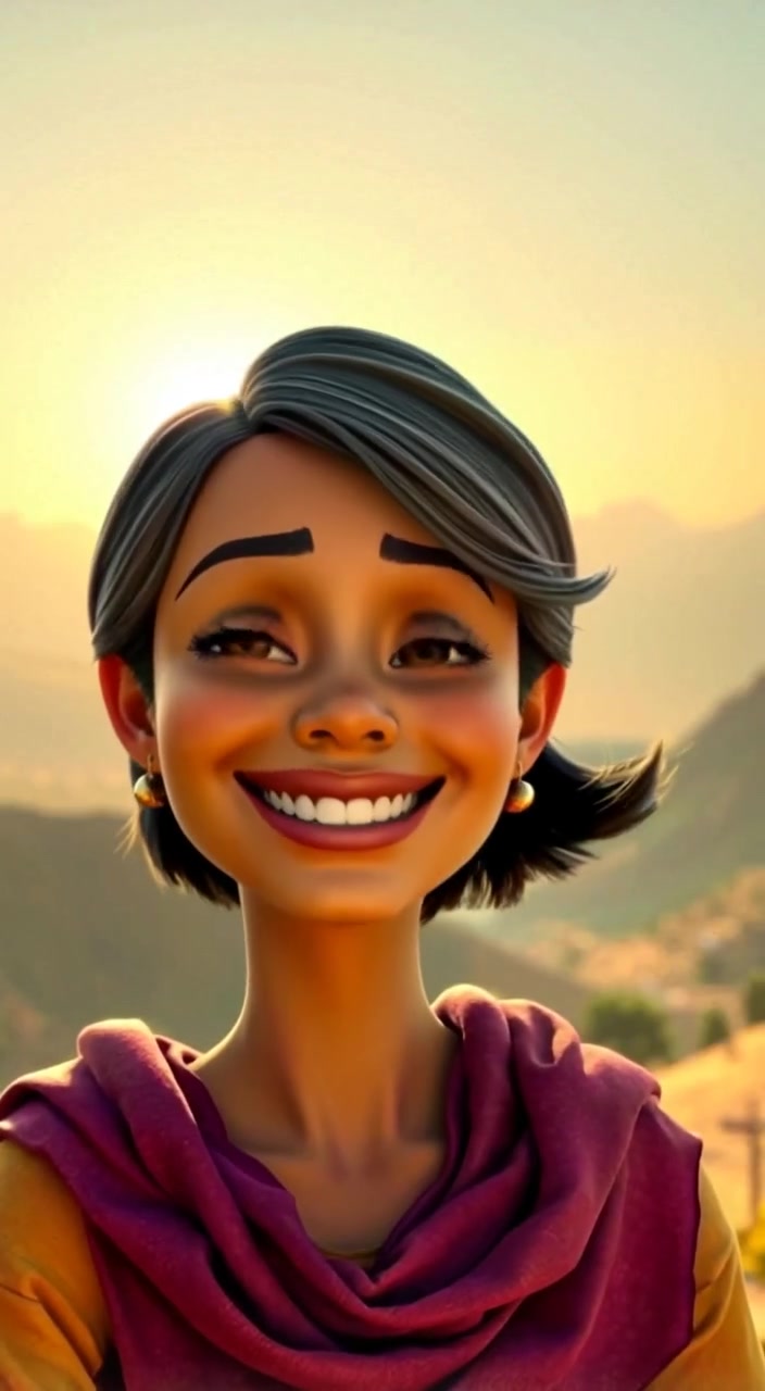 The woman smiles gently, with the sun setting behind majestic Ethiopian mountains in the vibrant background.