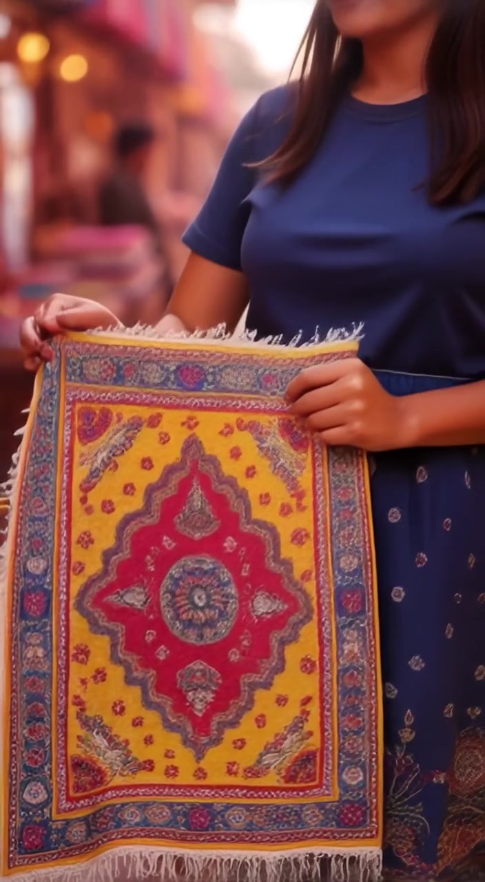 The woman gently runs her fingers along the intricate patterns of the traditional Pakistani carpet.