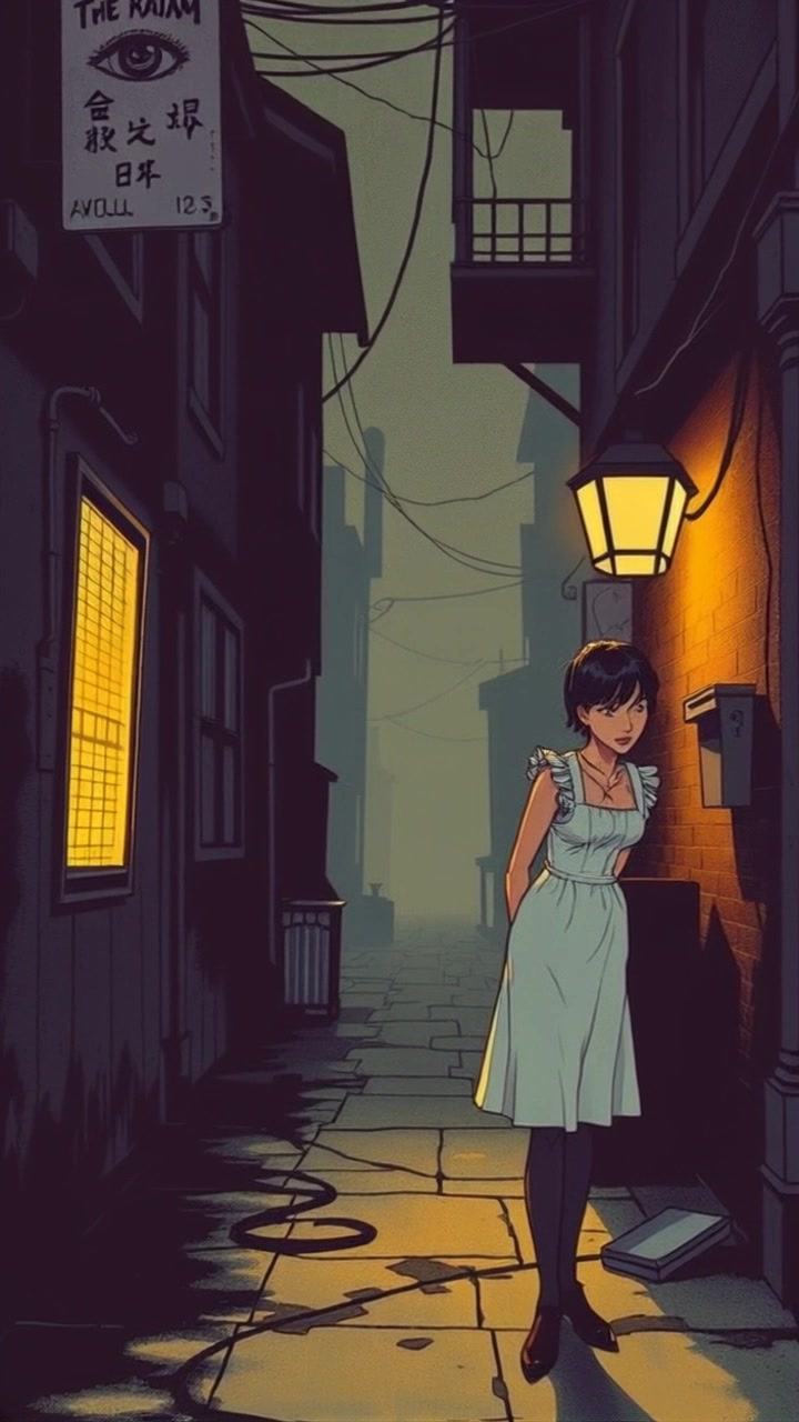 A gloomy street with Sophia standing alone, wearing a simple maid's dress, looking downcast.